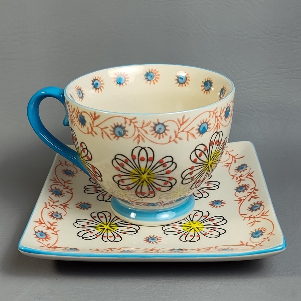 Yokohama Studio Hand Painted Footed Coffee Mug & Plate Textured Raised Dots 10oz